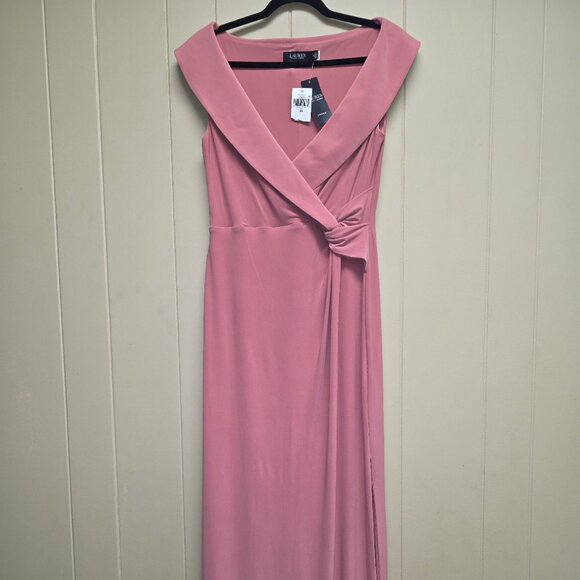 Lauren Ralph Lauren Jersey Off the Shoulder Gown Women's 10 Pink Mahogany V-Neck - Picture 8 of 8